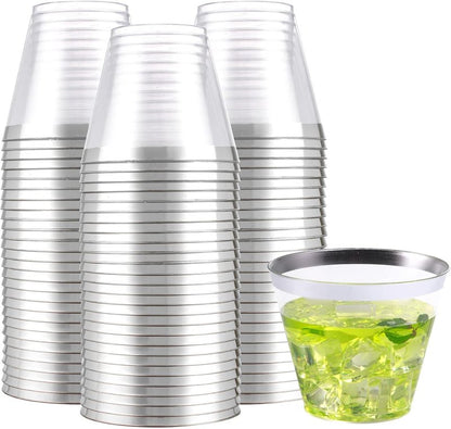 WELLIFE 200pcs Silver Cups, 9OZ Clear Plastic Cups,Plastic Wine Glasses Disposable,Cocktail Glasses for Party and Weddings