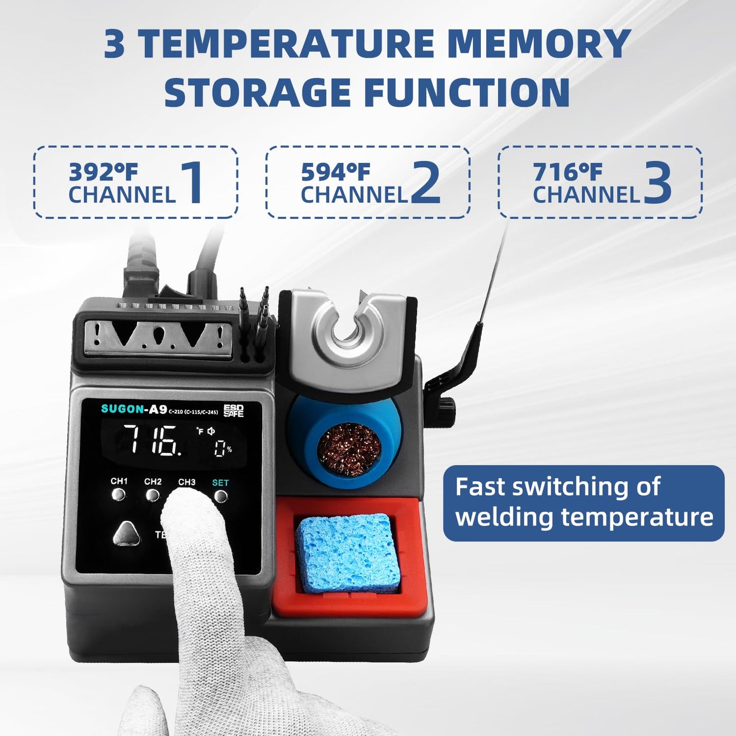 SUGON A9 210 Precision Soldering Stations 120W， LCD Display Digital Soldering Iron Kit,2 Seconds Fast Heating up 716℉, 3 Temperature Storage,212℉-842℉, ℃/℉,ESD,Quick Change Soldering Iron Tips Holder