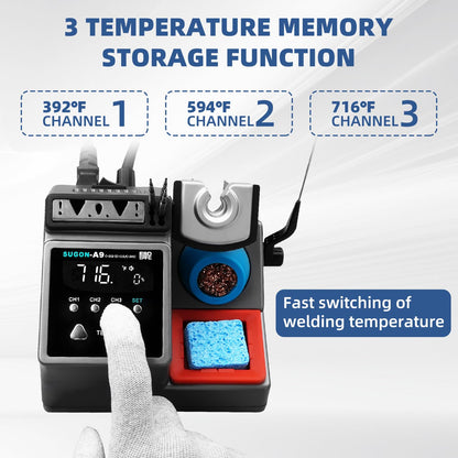SUGON A9 210 Precision Soldering Stations 120W， LCD Display Digital Soldering Iron Kit,2 Seconds Fast Heating up 716℉, 3 Temperature Storage,212℉-842℉, ℃/℉,ESD,Quick Change Soldering Iron Tips Holder