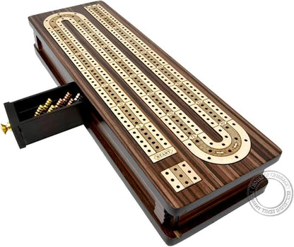 House of Cribbage - Continuous Cribbage Board/Box Inlaid in Rosewood/Maple 12 - 3 Tracks - Sliding Lid Drawer