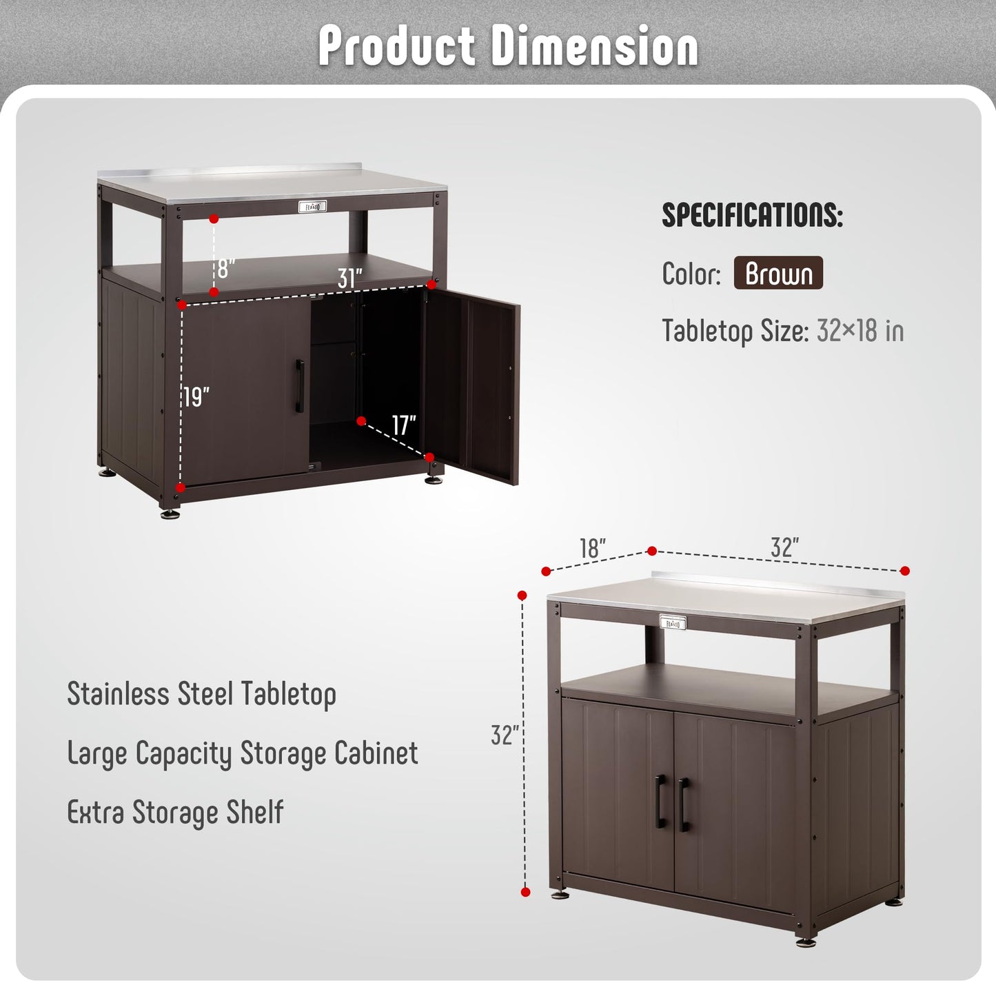 Feasto Outdoor Potting Bench with Storage, Stainless Steel Tabletop Garden Work Bench with Storage Cabinet & Removable Inner Shelf for Patio Lawn Outdoor Gardening