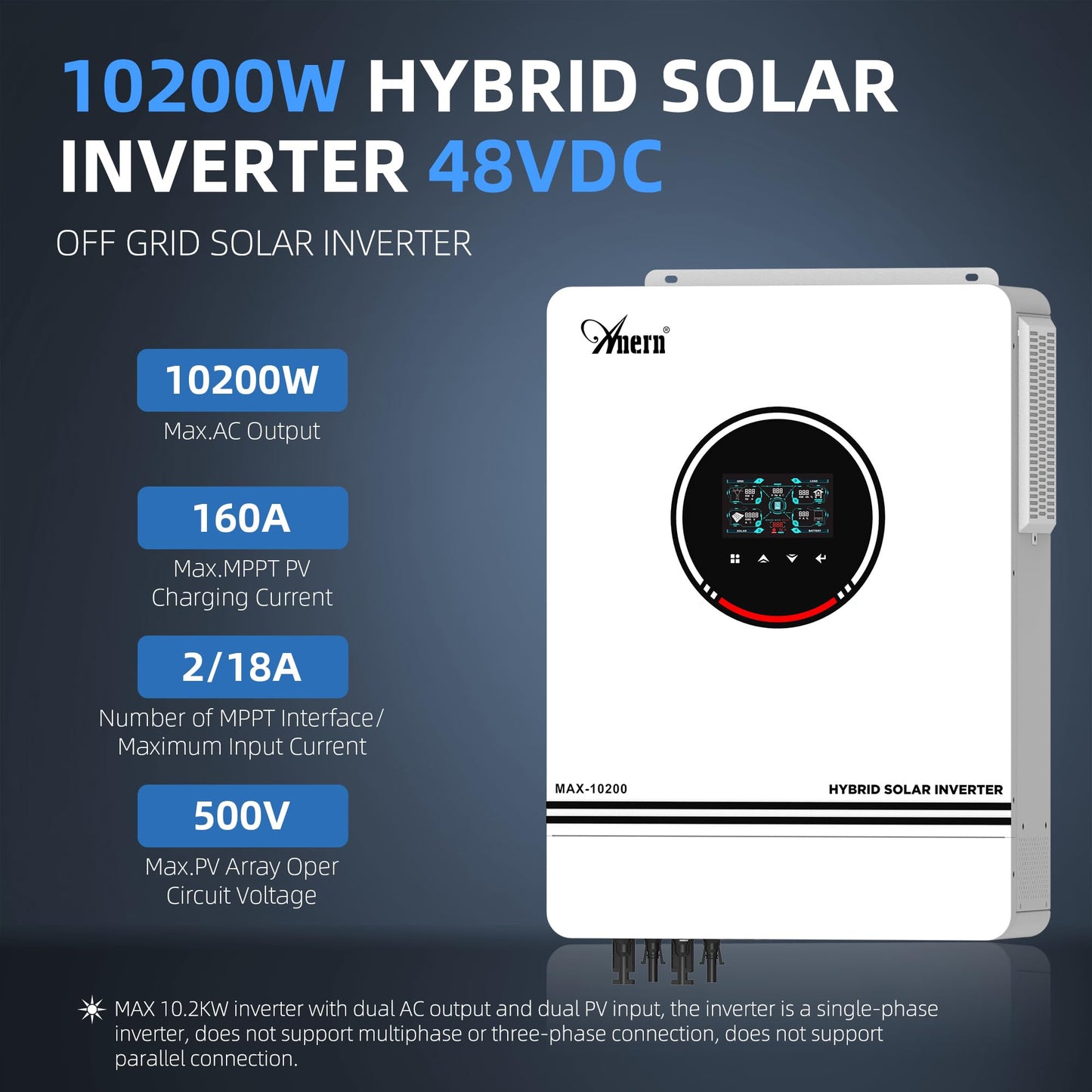 10.2KW Solar Hybrid Inverter All in One, 48V DC to 220V-230V AC On/Off Grid Pure Sine Wave Solar Inverter with 160A MPPT Charge Controller for Home Appliances, Work with Lead Acid & Lithium Battery
