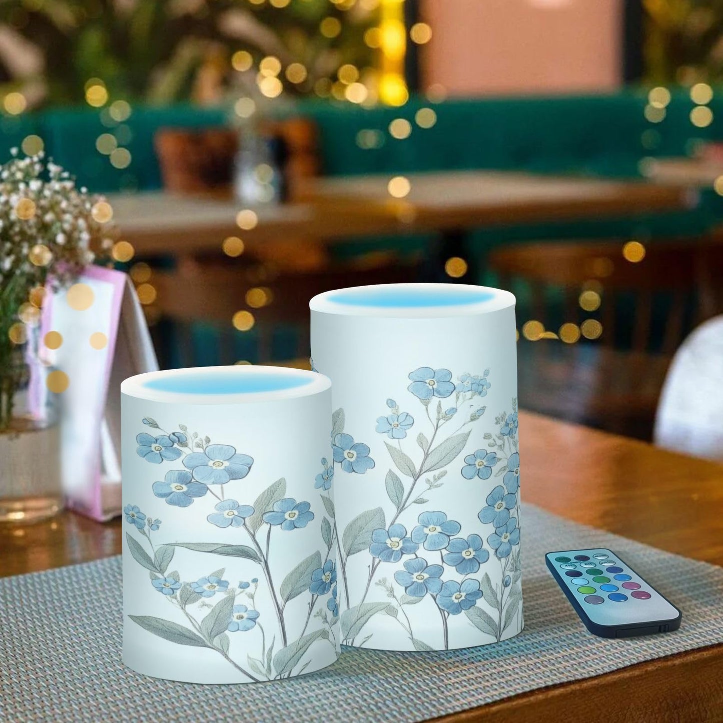 WEVIBOFU Blue Flowers Leaves Painting Flickering Flameless Candles LED Battery Operated with Remote Timer Pillar Candles for Home Birthday Wedding Christmas Decor, Set of 2