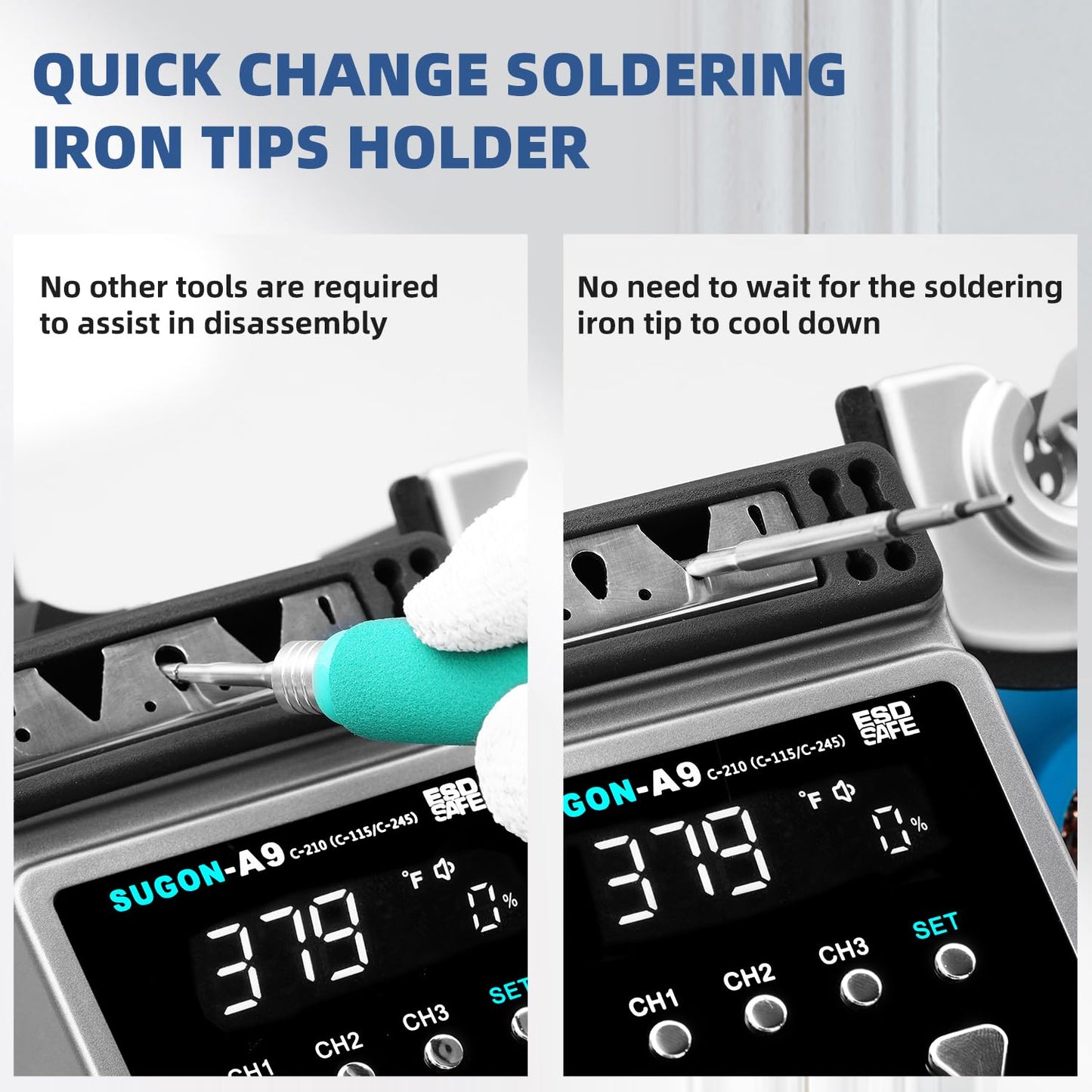 SUGON A9 210 Precision Soldering Stations 120W， LCD Display Digital Soldering Iron Kit,2 Seconds Fast Heating up 716℉, 3 Temperature Storage,212℉-842℉, ℃/℉,ESD,Quick Change Soldering Iron Tips Holder