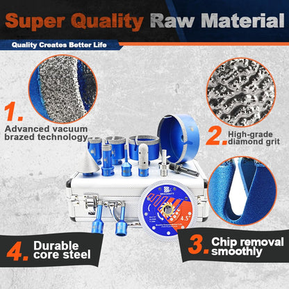 Diamond Core Drill Bit Set - BRSCHNITTTile Hole Saw Kit 1/4" 5/16" 3/8" 4/5" 1-3/8"2" 3" 4 1/2"& 4/5" Finger Bit&2" Chamfer Bit for Porcelain Tile Ceramic Marble Granite&Diamond Blade