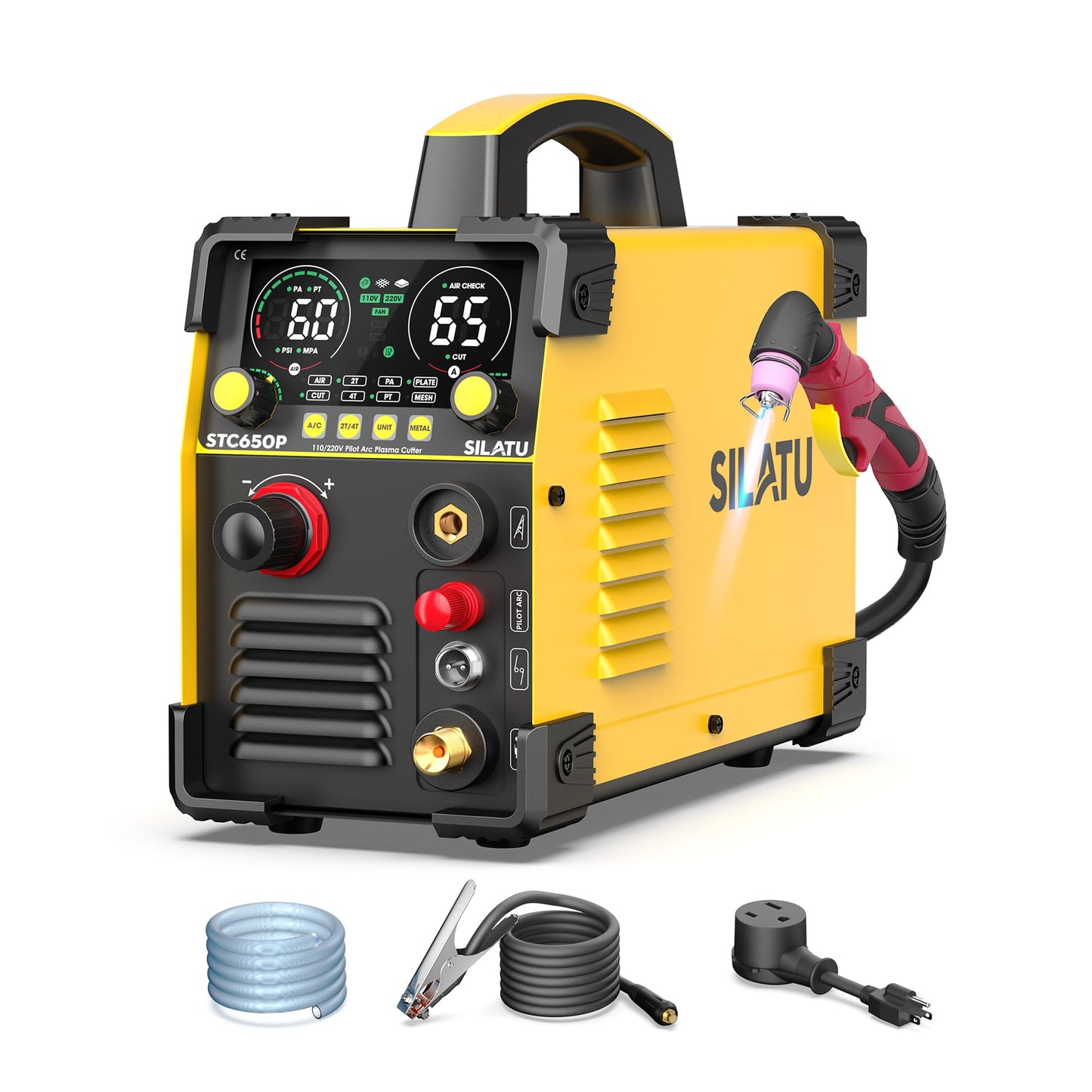 SILATU 65Amps Plasma Cutter, STC650P HF Non-Touch Pilot Arc Plasma Cutter Machine, 110/220V Dual Voltage Air Sensor Technology Large LED Display, 20mm Max Cutting thickness, PT/2T/4T for Beginners DIY