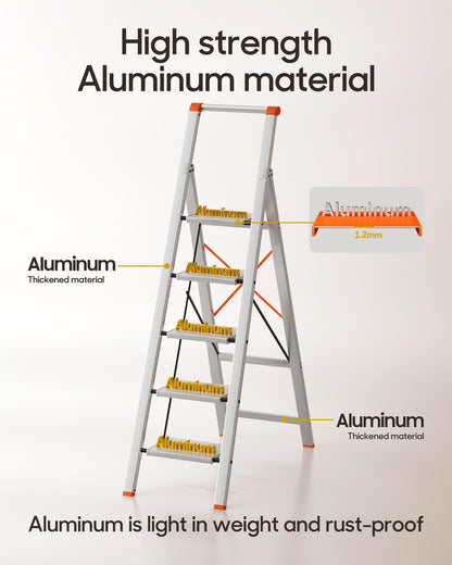 HillhutApex 5 Step Foldable Aluminum Step Ladder with Handgrip, Anti-Slip Pedal, 330 lbs Capacity, Lightweight & Portable for Home, Kitchen, Office, Garage (Orange)