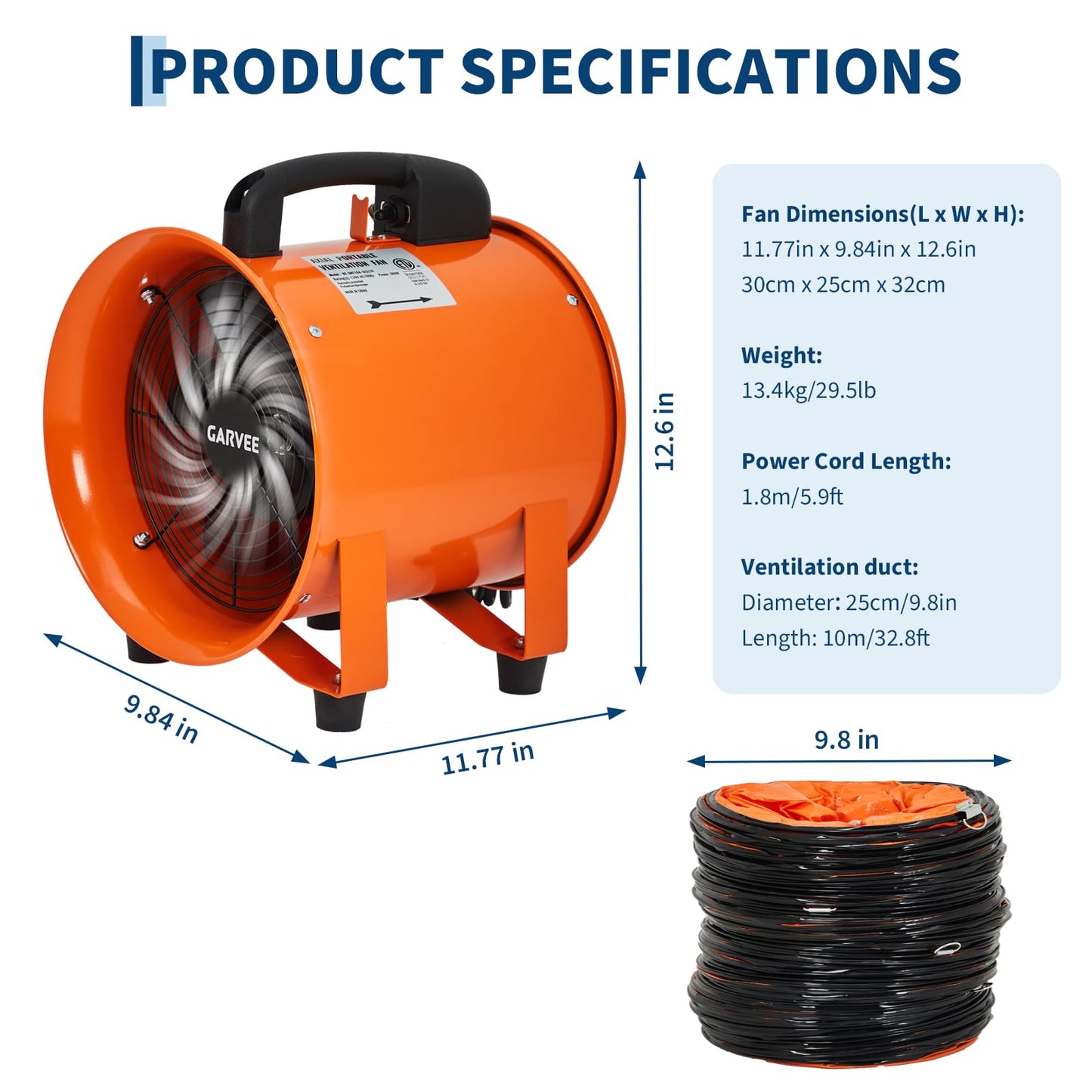 8 Inch Utility Blower Fan, Portable Air Mover Blower Fan with 32.8 ft Flexible Duct Hose, 1100 CFM Low Noise Portable Industrial Exhaust Fan/Extractor/Ventilator for Basements Workshops Warehouses