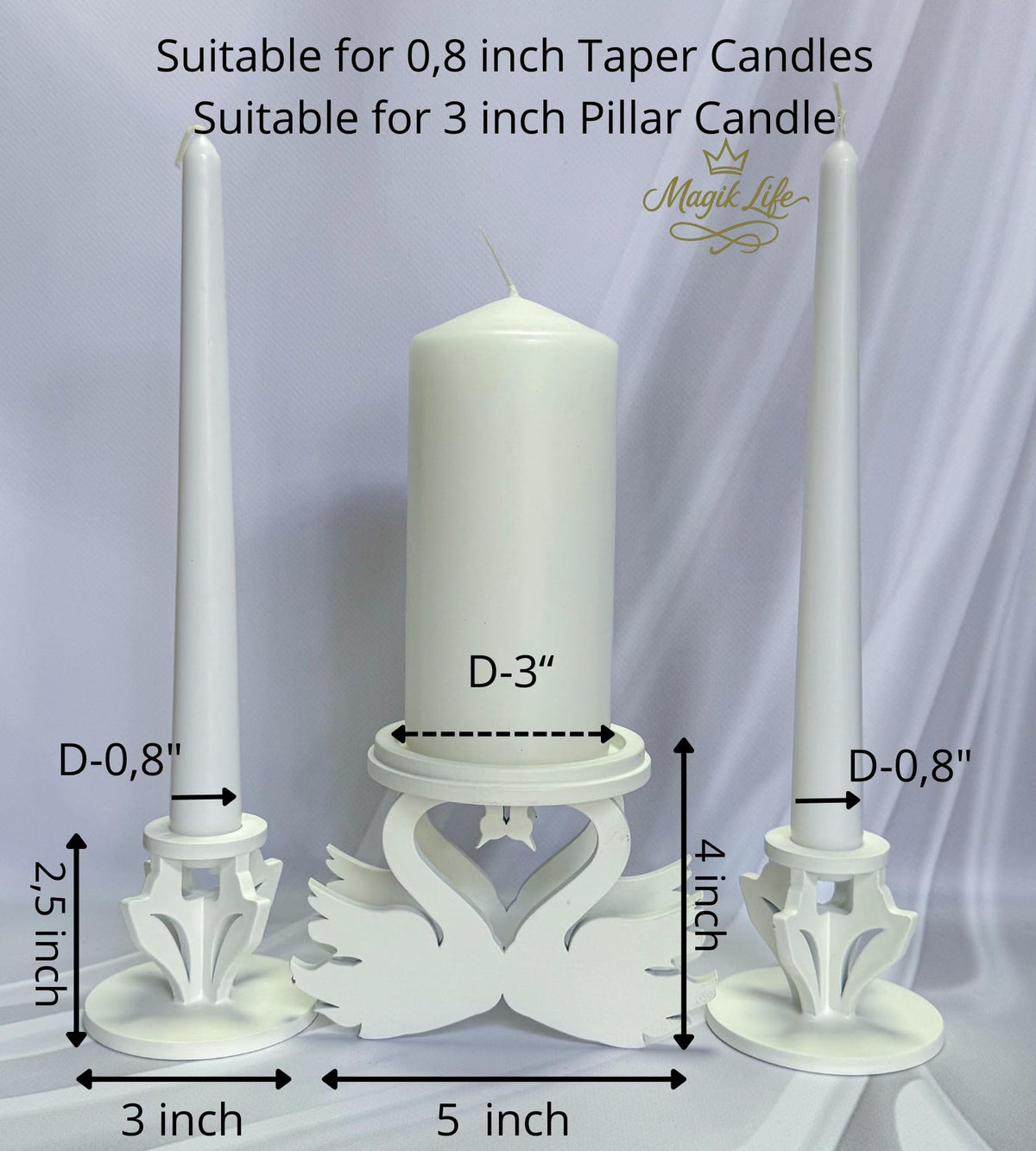 Magik Life Wooden Unity Candle Holder – Solid Triple Candle Stand – Handcrafted from Natural Wood – Painted in Safe Premium White Finish – Fits 2 Taper (0.80”) & 1 Pillar Candle (3”)