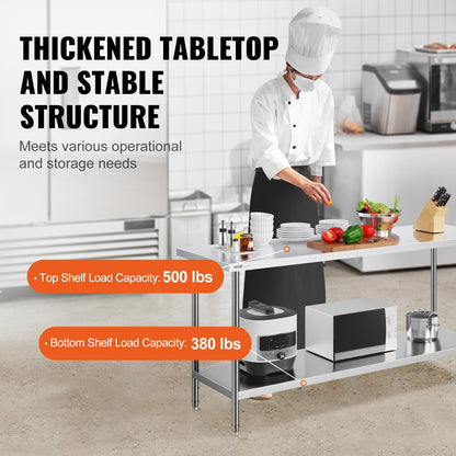 VEVOR Stainless Steel Prep Table, 24 x 72 x 34 Inch, 880 lbs Load Capacity, Heavy Duty Metal Worktable with 3 Adjustable Height Levels, Commercial Workstation for Kitchen Garage Restaurant Backyard