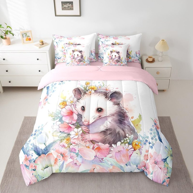 Feelyou Cute Opossum Comforter Set Twin 7 Pcs Cartoon Animal Theme Bedding Set Flower Floral Print Farmhouse Zoo Wildlife Style Decor Bed in a Bag with Comforter, Sheets, Pillowcases & Cushion Cover