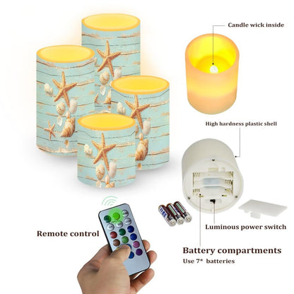Merkmak Pack of 4 Flameless Candles with Remote Battery Operated Candles with Timer Waterproof Flameless Pillar Tea Lights for Indoor Outdoor Beach Wedding Coastal Home Decor, Starfish and Shell