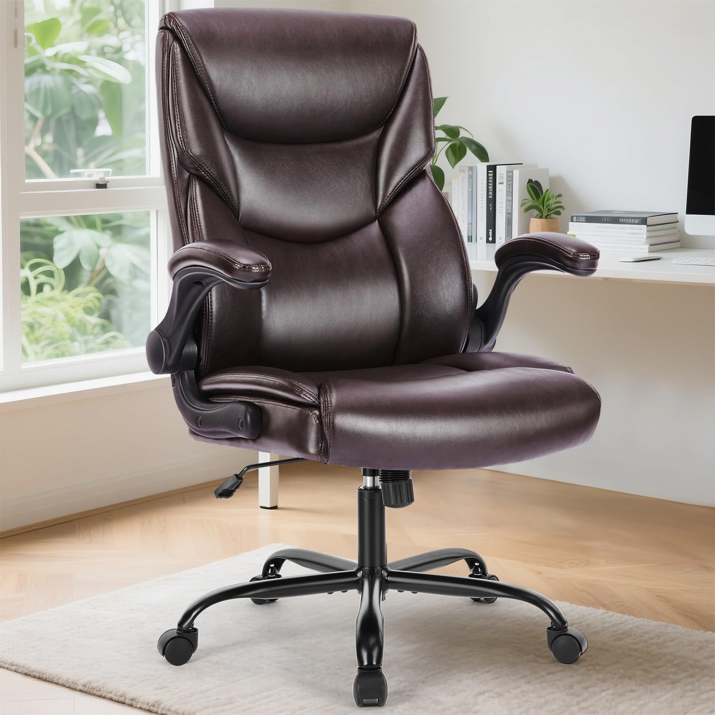 Sweetcrispy Computer Gaming Chair, Ergonomic High Back Heavy Duty Task Desk Office Chairs with Wheels, Flip-up Arms, Adjustable Height, PU Leather,Dark Brown