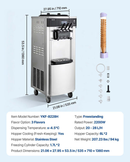VEVOR Commercial Ice Cream Machine, 20-28L/H Yield, 2200W 3-Flavor Freestanding Soft Serve Ice Cream Maker with 2 x 6L Hoppers & Hopper Agitation, Pre-Cooling Self-Cleaning for Snack Dessert Shops
