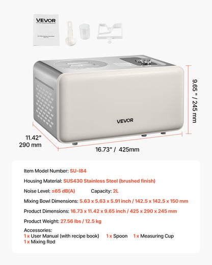 VEVOR Automatic Ice Cream Maker with Built-in Compressor, 2 Quart No Pre-freezing Gelato Maker, Electric Sorbet-Maker, 3 Modes Compressor Ice Cream Machine for Home Kitchen