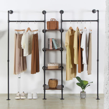 EDCB Wall Mounted Industrial Pipe Heavy Duty Clothes Rack, Clothing Rods for Hanging Clothes, Freestanding Clothing Rack with 2 Hang Rods & 4 Shelves, 72.8" W x 17.7" D x 71" H