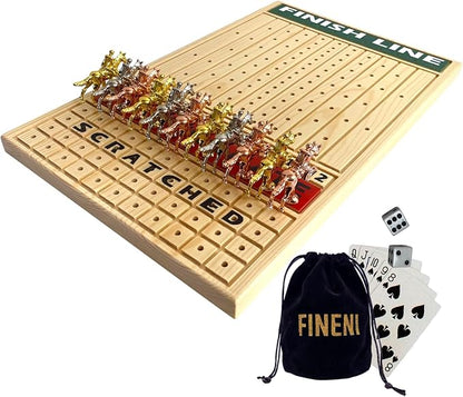 Racing Game for Adults With 11 Luxurious Metal Horses (Silver Black Rose Gold) 16 Pine Wood Race Game Board Dice &amp Card Included (Log Color)