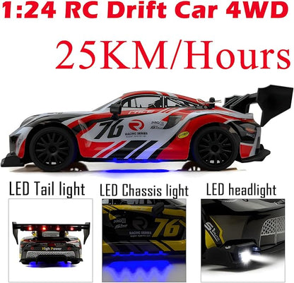 RC Drift Car 1:24 2.4GHz with LED Light Race Car Toys for Boy Girl 8-12 Years Old Speed Adjustable 25Km/HHigh Speed RC Racing Cars Perfect Toy Gift for Boys &amp Girls