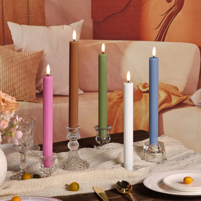 Girimax Olive Green Ribbed Fluted Flameless Taper Candles with Remote, Flickering Battery LED Wax Candlesticks Wedding Home Decor Set of 4