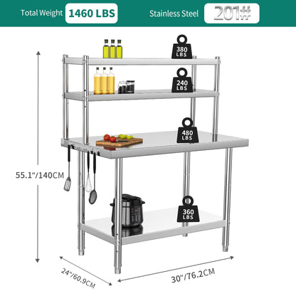 YITAHOME NSF Stainless Steel Work Table With Overshelves, 30" X 24" With 30" X 12" Shelf, Metal Prep Table for Home Kitchen Restaurant Garage Warehouse