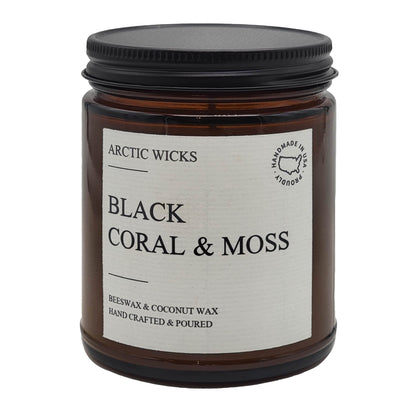 Arctic Wicks Scented Coconut Beeswax Candles | Coconut Beeswax Non Toxic Candle 9oz Amber | Farmhouse Candles Non-Toxic Clean Burn 100% USDA Certified Biobased (Black Coral & Moss)
