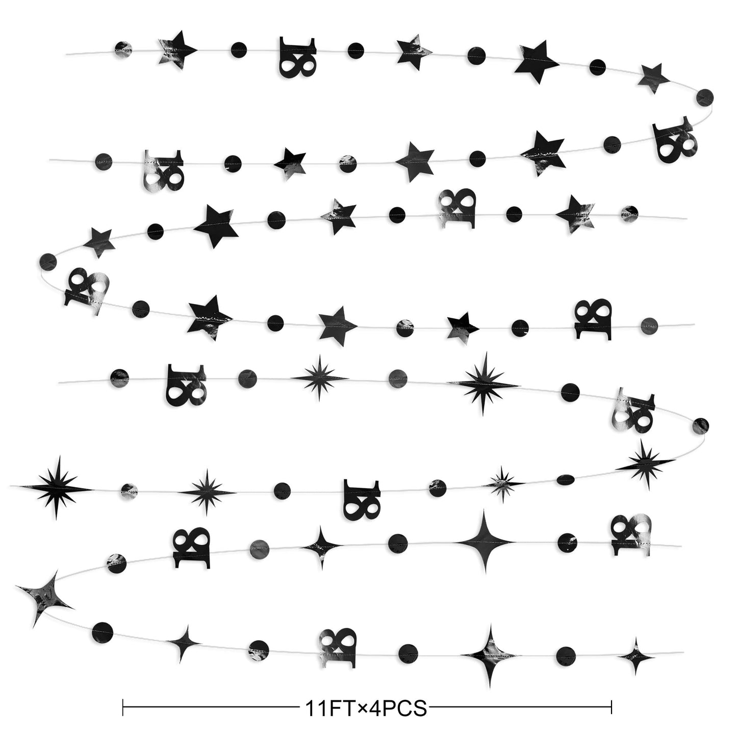 Black 18th Birthday Decorations Number 18 Circle Dot Twinkle Star Garland Metallic Streamer Banner Backdrop for Girls Boys Happy 18th Birthday Time to Adult Cheers to 18 Years Old Anniversary Party