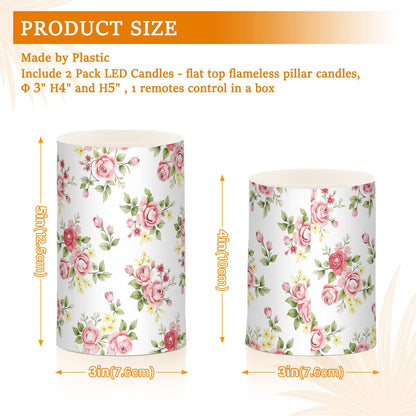 Lights Flameless Candles Pink Rose Flower Floral Pillar Candles Set of 2 Battery Operated Remote Control Warm Lights Home Decor