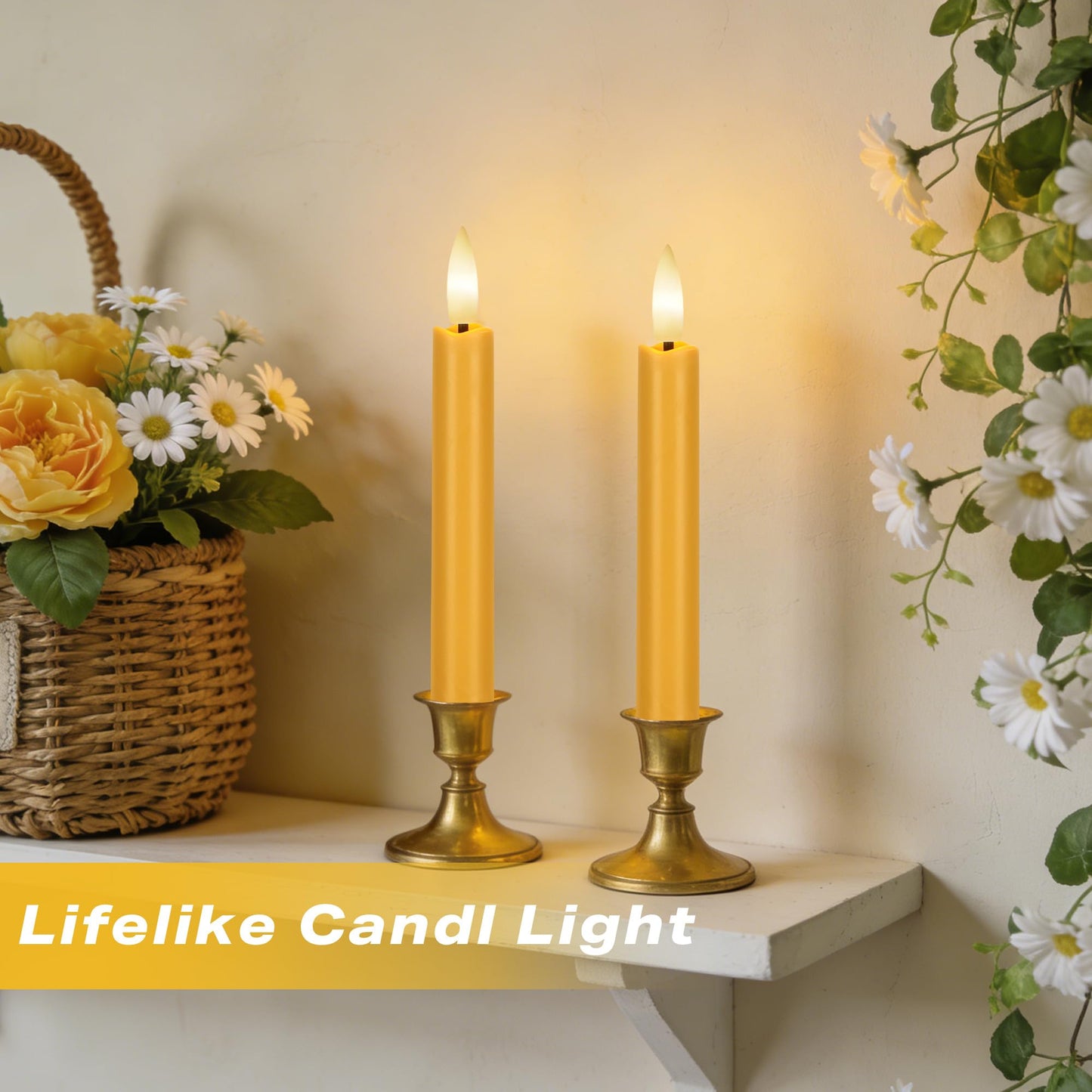 AFINETH Yellow Flameless Taper Candles with Remote, 6.4" Battery Operated LED Candles, Flickering Flameless Candlesticks for Table Centerpieces, Wedding, Farmhouse, Dinner Decor, Set of 6