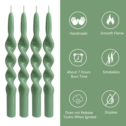 10 Inch Spiral Taper Candles Candlesticks Handmade Set of 4 Unscented Long Candlesticks Tapered Candles Twisted Candle for Wedding Yoga Home Decoration(Green)