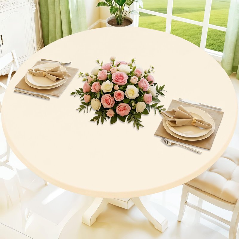Moosfor Round Spandex Tablecloth, Elastic Fitted Waterproof Tablecloths for 57"-68" Tables, Stretch Washable Picnic Table Cover for Camping, Dining, Indoor and Outdoor, Beige