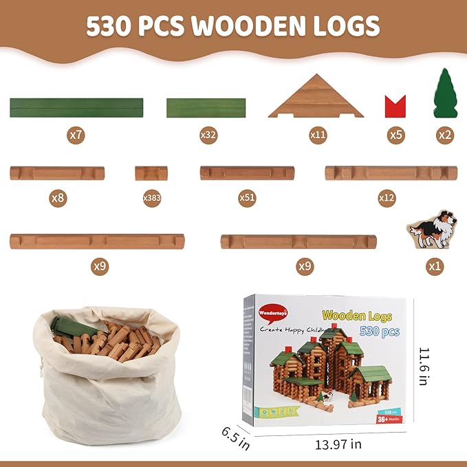 Wondertoys 530 Pcs Wooden Logs Set Ages 3+ Classic Building Log Toys for Kids Creative Construction Engineering Educational Gifts