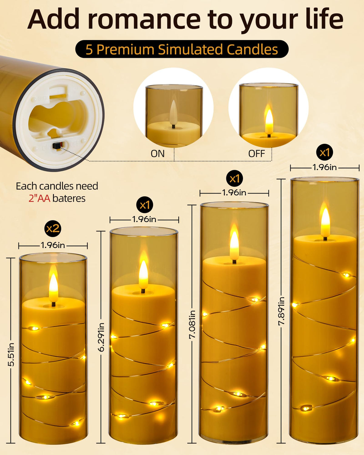 5 Pack Champagne Transparent Acrylic Flameless Taper Candles, Flickering Black Wick LED Candles with Surrounding Fairy String Lights, Heat Resistant ABS Candles with Remote for Indoor Outdoor Decor