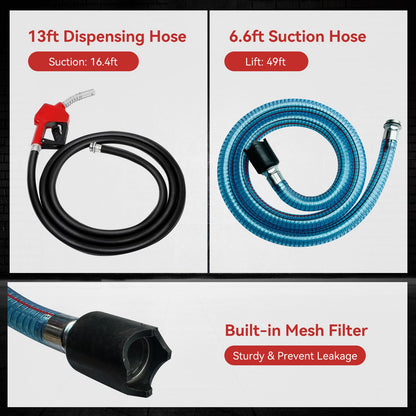 Electric Diesel Transfer Pump Kit - 110V, 550W, 16 GPM Electric Fuel Transfer Pump With Automatic Nozzle, Mechanical Fuel Meter, 13 Feet Dispensing Hose and 6.6 Feet Suction Hose