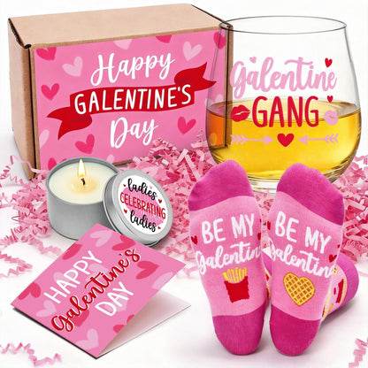 Galentines Day Gifts for Women Galentine Wine Glass Socks Rose Scented Candles Greeting Card Ladies Celebrating Ladies BFF Present Birthday Idea Valentines Day Gifts for Her Friends Girls Sister
