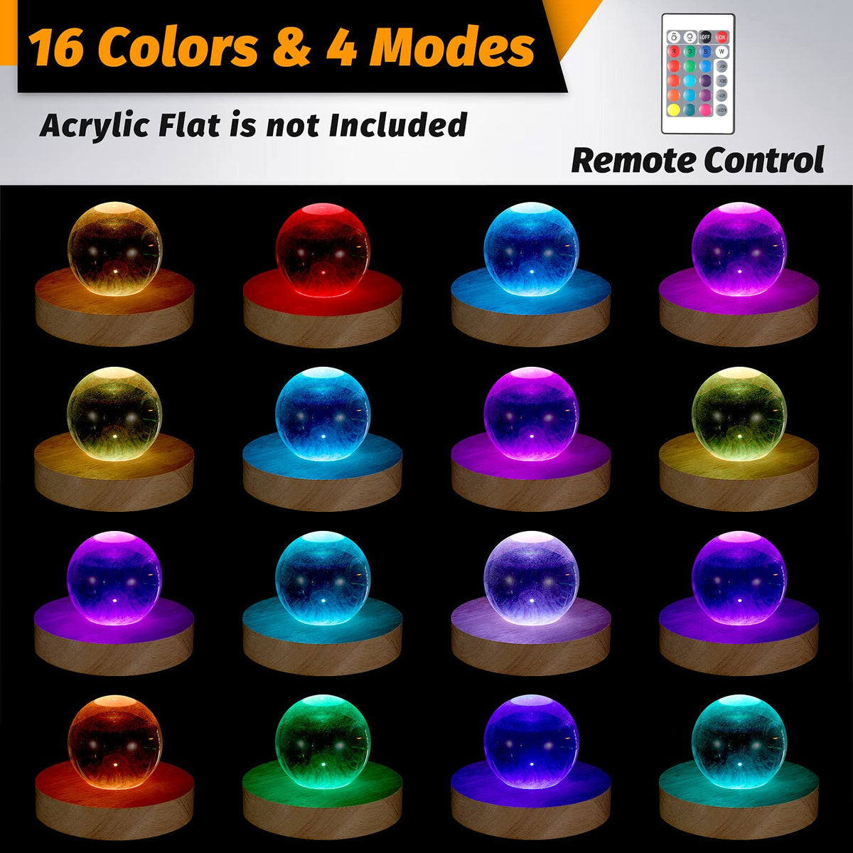 Honoson 3.94 Inch Wooden Light Stand Base Colorful LED Lights Display Base with Remote Control for Selenite Tower 3D Laser Crystal Glass Resin Art (4 Pieces)