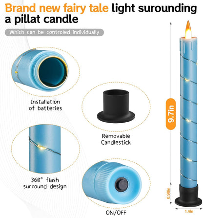 Flameless Cone Candle with Built-in Star String Light, 11 Button Remote Control, Timer, Battery Powered, Analog Flame, 3 Pack of Window Candles, Christmas Home & Wedding Decoration (Sky Blue)