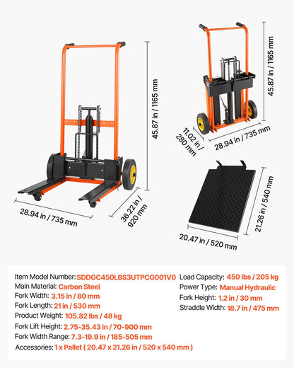 VEVOR Hydraulic Material Lift Winch Stacker, 450 lbs Load Capacity, 35.4'' Max Lifting Height, Pallet Truck Dolly with Fork Lift Table, Foldable & Portable Pallet Jack Table Cart, Orange & Black