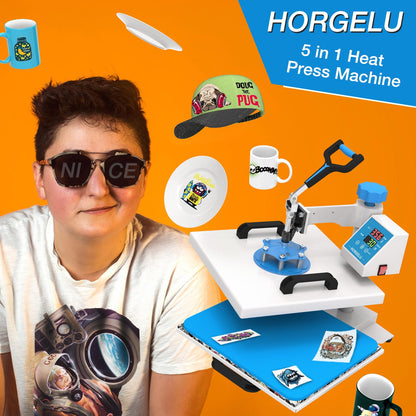 Horgelu 5 in 1 Heat Press Machine 15x15 Inch Heat Transfer Machine 360-Degree Swing Away Multifunction Digital Sublimation Combo Heat Press for T Shirt Mug Hat Plate for Commercial Home 110V