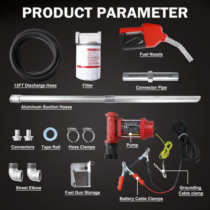12V DC 12GPM Gasoline Fuel Transfer Pump Kit, Overheat Protection, Explosion-proof, Suitable for Gasoline, Diesel, Mineral Oil, Kerosene with Particulate Filter with Automatic Nozzle & Hose Kit