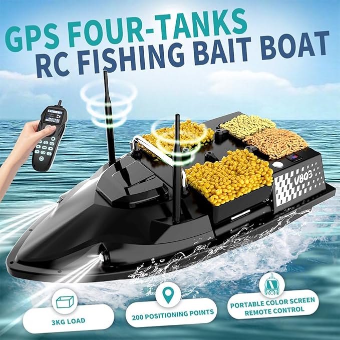 RC Bait Boat for Fishing with 4 Boxes Dual Antena and 18000mAh Battery for 500M Long-Range Bait Boat with LED Light Hook Release High-definition Color Screen Remote Control GPS Positioning