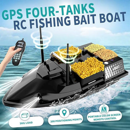 RC Bait Boat for Fishing with 4 Boxes Dual Antena and 18000mAh Battery for 500M Long-Range Bait Boat with LED Light Hook Release High-definition Color Screen Remote Control GPS Positioning