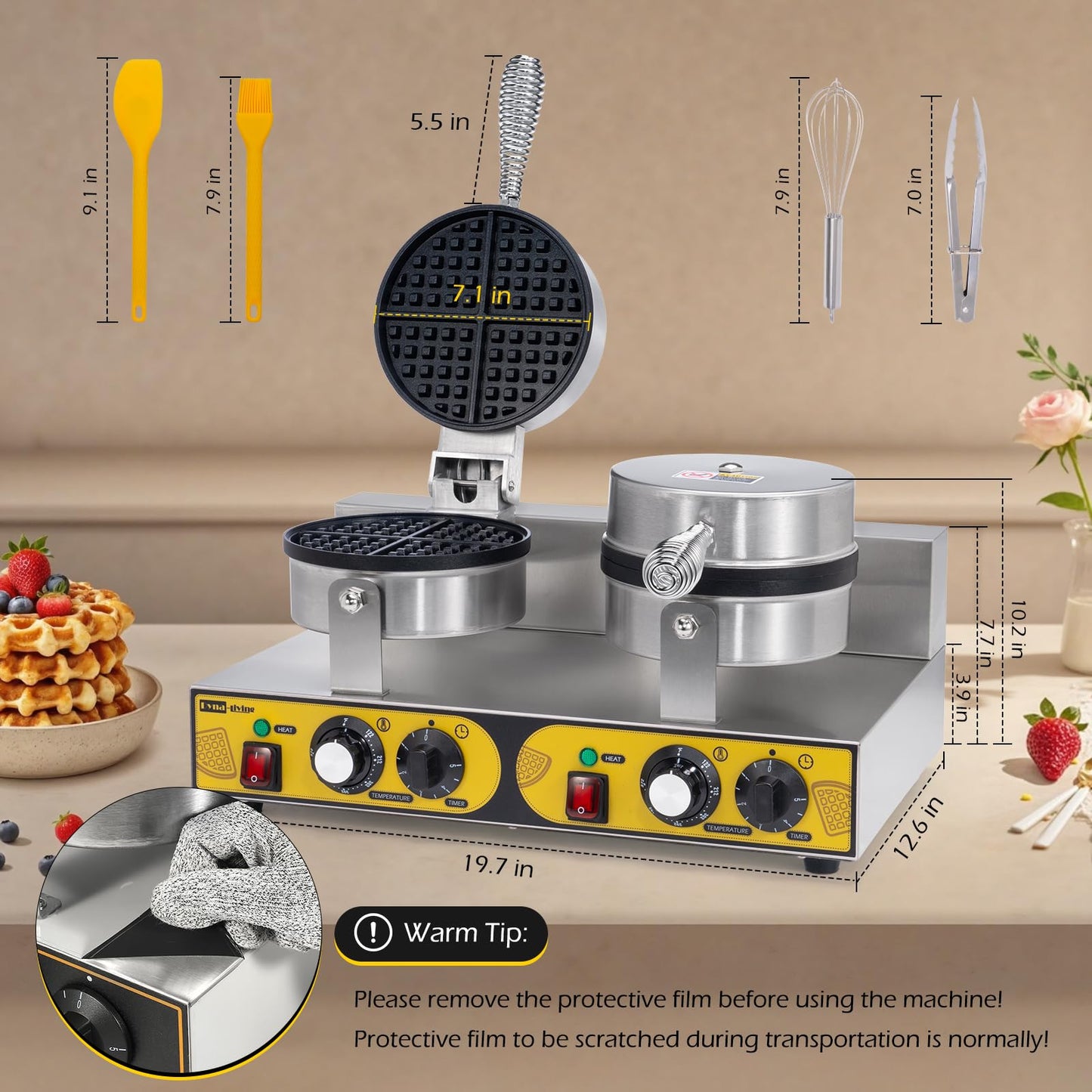 Dyna-Living Commercial Waffle Maker Double Head Waffle Maker, 2400W Non-Stick Commercial Waffle Iron Stainless Steel Waffle Machine for Restaurants, Large Waffle Machine Commercial