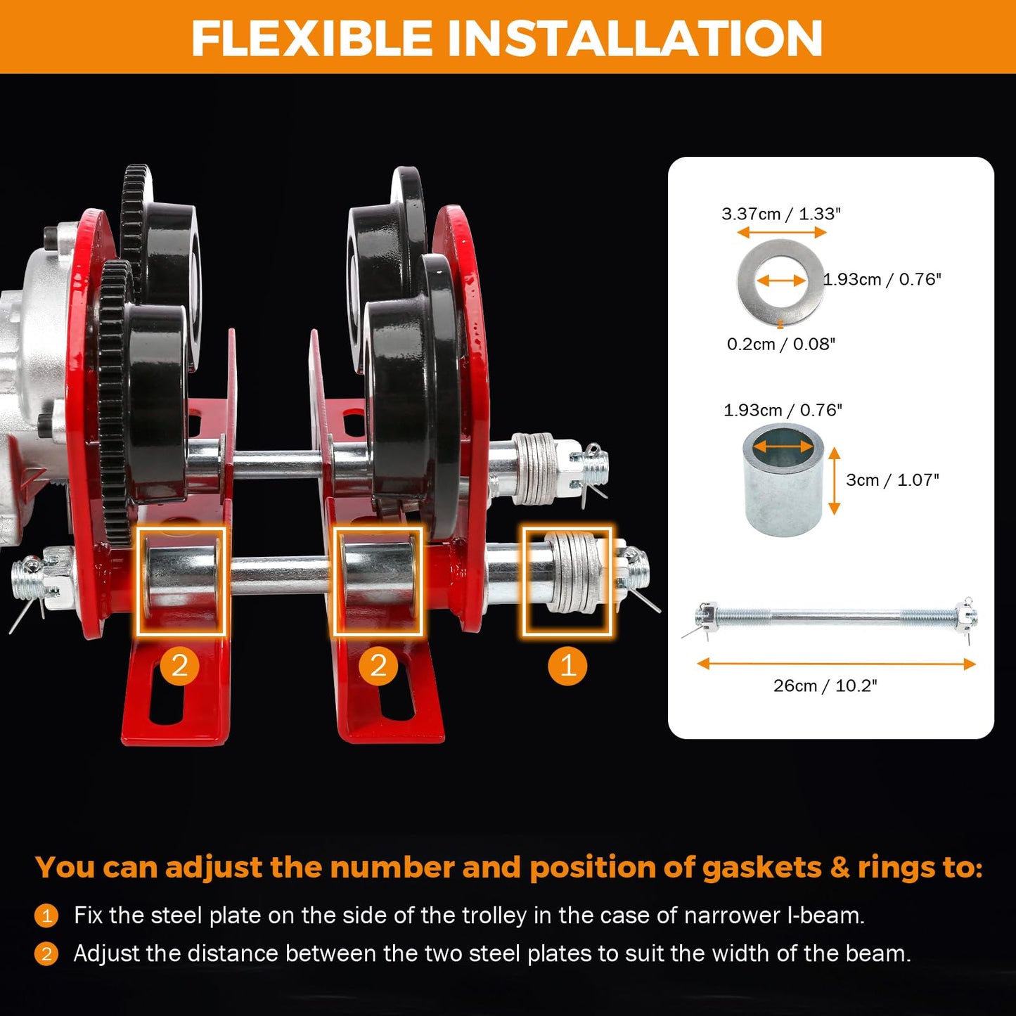 BEAMNOVA 1 Ton 2204 LBS Electric Trolley for Power Hoist, Fit 2.68-4.33 in I-Beam, for PA600 PA700 PA800 PA900 PA1000 Hoists Push Geared Overhead Heavy Duty Wheels Wide Flange