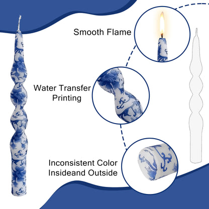 Blue White Porcelain Spiral Candles Sticks Floral Twisted Taper Candles 10 in Hand Printed Taper Candle for Home Garden Decor, 2Pcs
