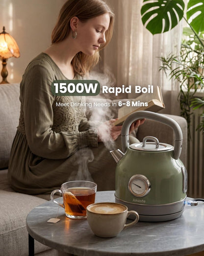 Amaste Electric Kettle, Retro Electric Tea Kettle with Thermometer, 57 Oz Hot Water Kettle for Coffee & Tea, 304 Stainless Steel, 1500W Fast Boiling, Auto Shut-Off & Boil Dry Protection, Matcha Green