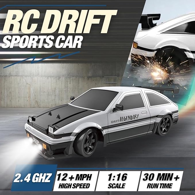 Liberty Imports RC Drift Car 1/16 2.4GHz 4WD Remote Control Sport Racing On-Road Vehicle with LED Light Batteries and Drift Tires (White)
