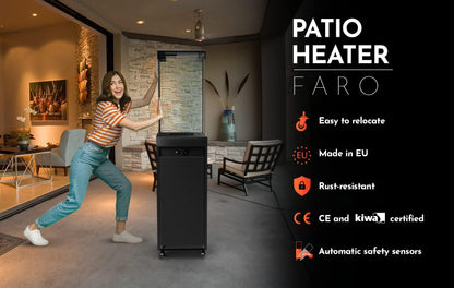 Planika Faro 41,000 BTU Propane Patio Heater 59" Modern Freestanding Glass Tower with Wheels, Smokeless 360° Flame, Cover & Regulator Included for Commercial & Residential Outdoor Spaces
