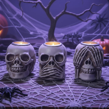 Helloween Skull Candle Holder Set of 3 Skeleton Head Candlestick Holders,Resin Skull Decor for Home Tabletop Spooky Theme Party Decor Supplies