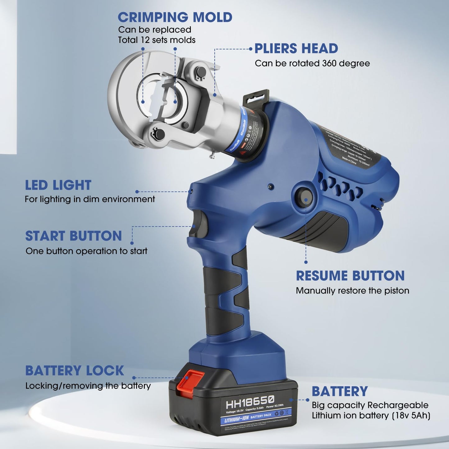 CENTALL Electric Hydraulic Crimping Tool, 8AWG-600MCM Rechargeable Hydraulic Crimper for Cu/Al Terminal, Continuously Crimp Wire Cable Lug Crimping Tool Kit with 12 Dies 2Pcs Lithium Battery XT-300