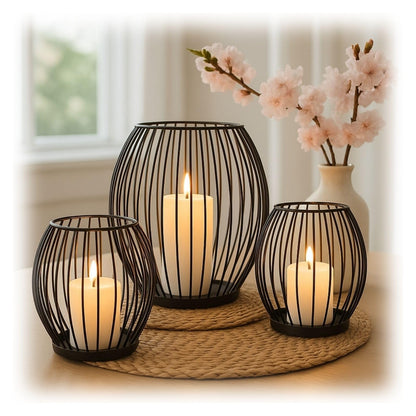 Black Candle Holder Set – Modern Metal Wire Black Candlestick Holders for Pillar Candles, Decorative Round Cage Candle Lanterns for Table, Shelf, or Home Décor